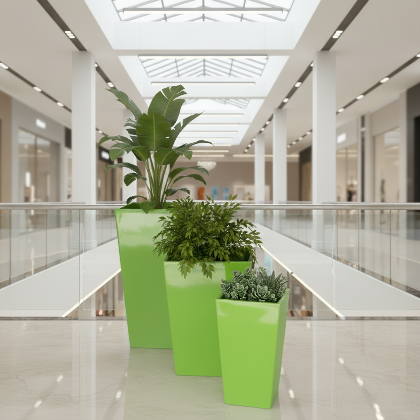 Three green planters with plants on a white background